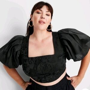 NWT Future Collective Kahlana Barfield Brown Puff Cropped Satin / Organza Top, 0